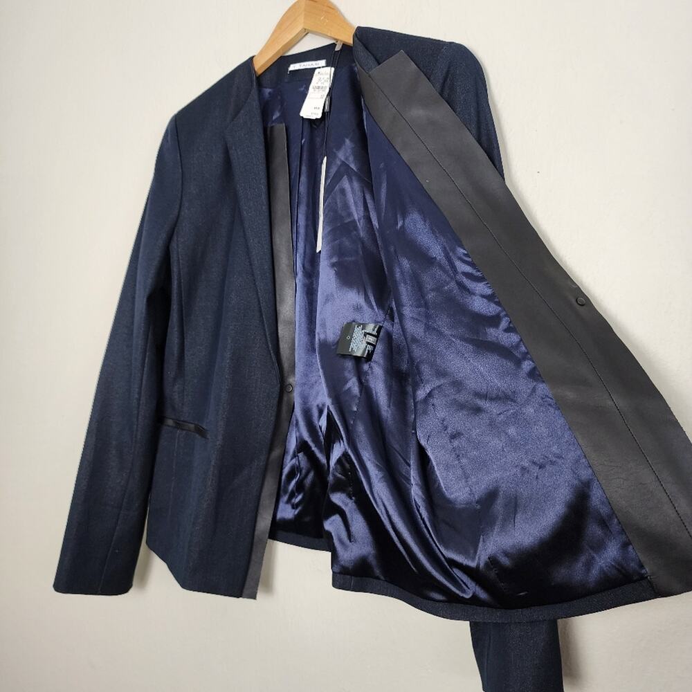 Tahari Griffin Indigo Blue Single Breasted Blazer NWT Faux Leather Trim 12 - Picture 9 of 11